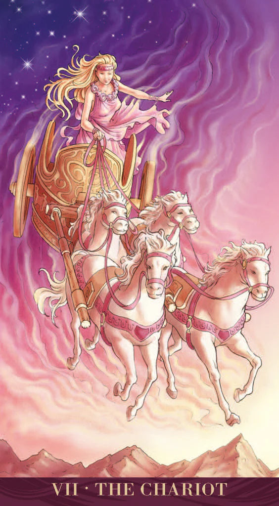 Tarot card featuring a woman riding a chariot pulled by horses against a starry sky.