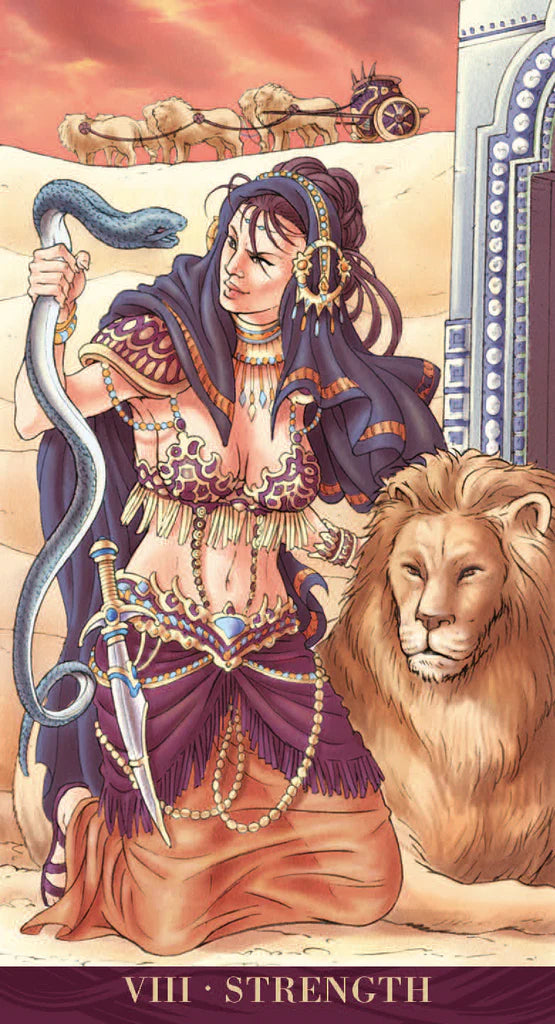 Tarot card featuring a figure with a snake and a lion, labeled 'Strength'.