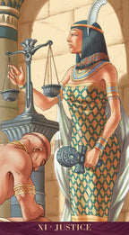Tarot card featuring an Egyptian-themed figure holding scales with a smaller figure at their feet, labeled 'XI - Justice'.
