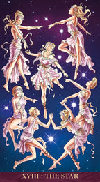 Illustration of a tarot card featuring 'The Star' with a celestial background