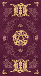Decorative design with gold symbols and floral elements on a purple background