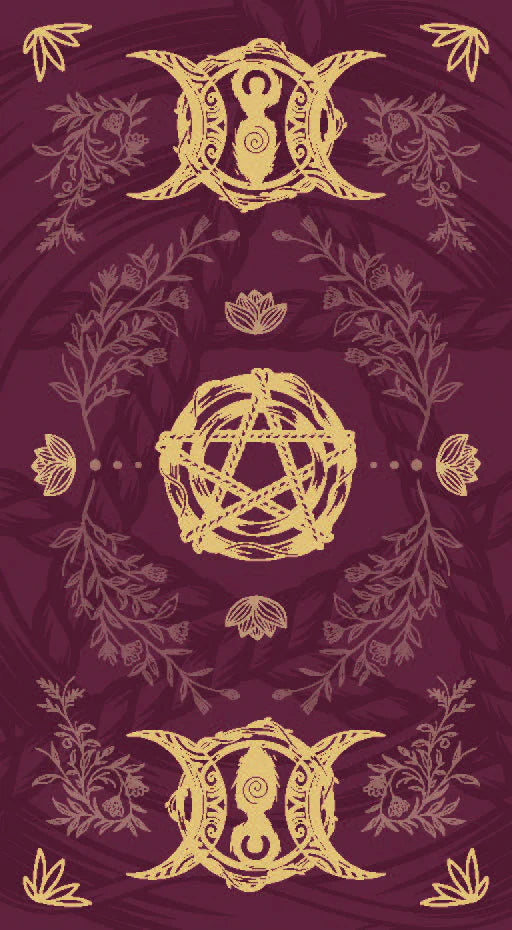 Decorative design with gold symbols and floral elements on a purple background