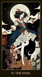 Illustration of a character from 'The Fool' tarot card with a dark, moonlit background.