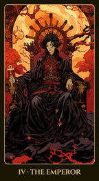 Tarot card featuring 'The Emperor' with a dark figure on a throne, surrounded by red and orange hues.