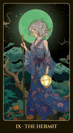 Tarot card featuring 'The Hermit' with a woman in a blue dress holding a lantern and staff against a moonlit night sky.