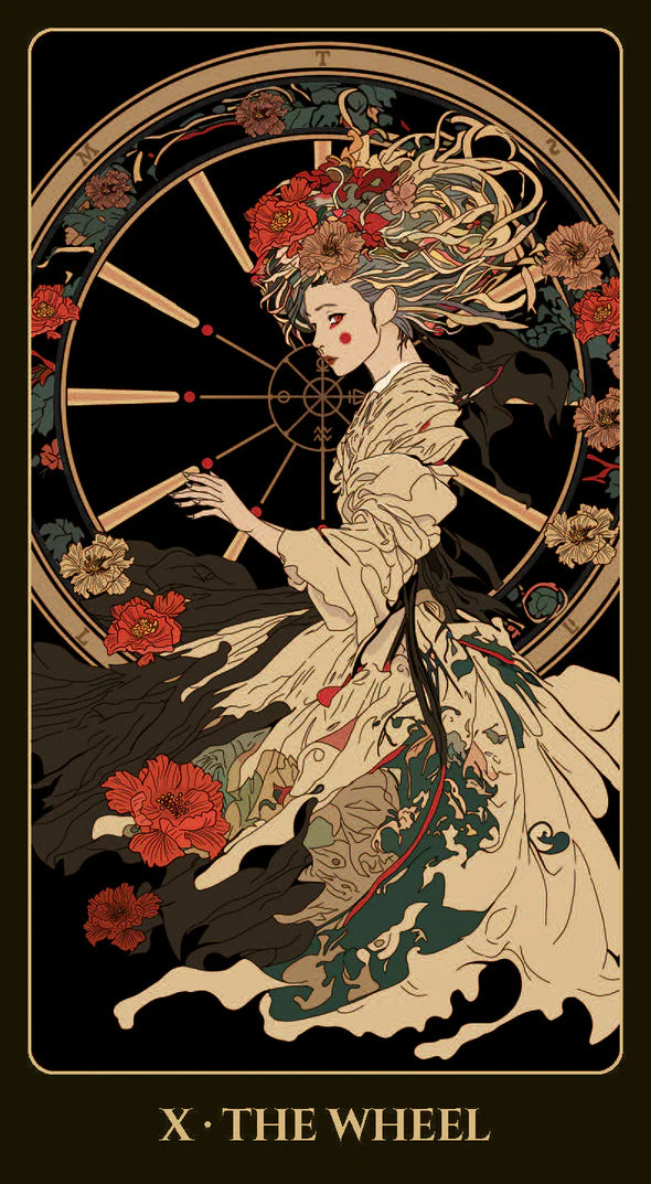 Vintage-style tarot card featuring a woman with flowers in her hair and a wheel in the background.