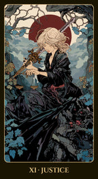 Tarot card titled 'Justice' featuring a figure in a dark robe with a balanced scale against a mystical background.