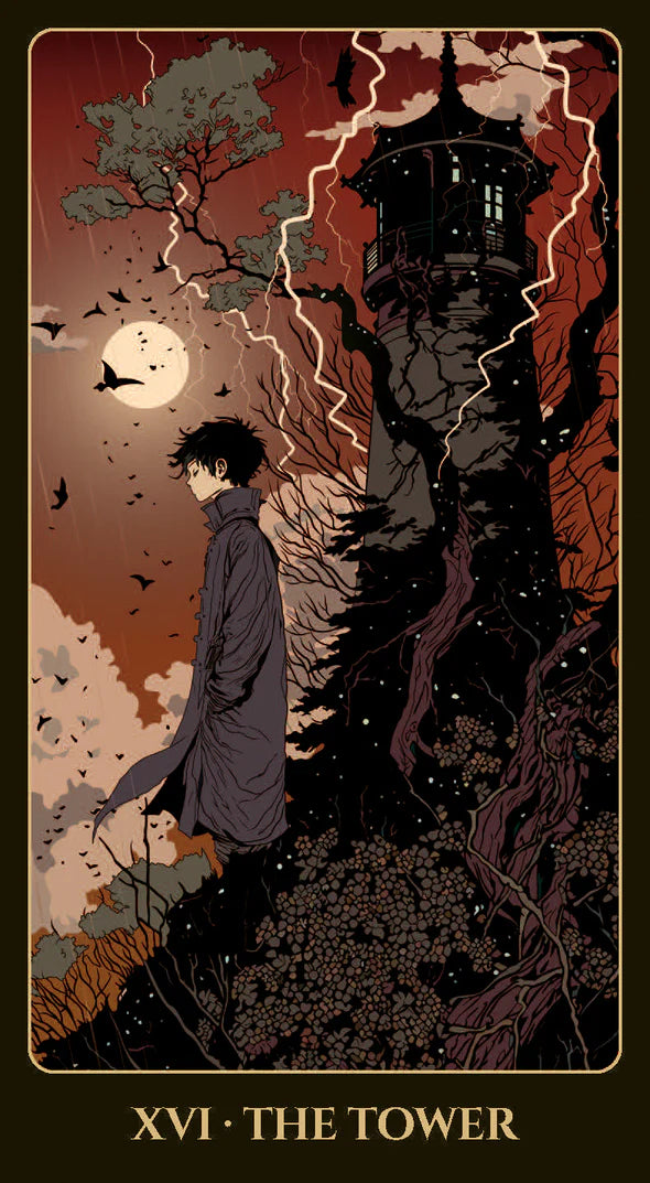 Illustration of a person standing in front of a tower with lightning, under a moonlit sky.