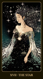 Illustration of a woman with stars in her hair against a night sky, labeled 'XVII - The Star'.