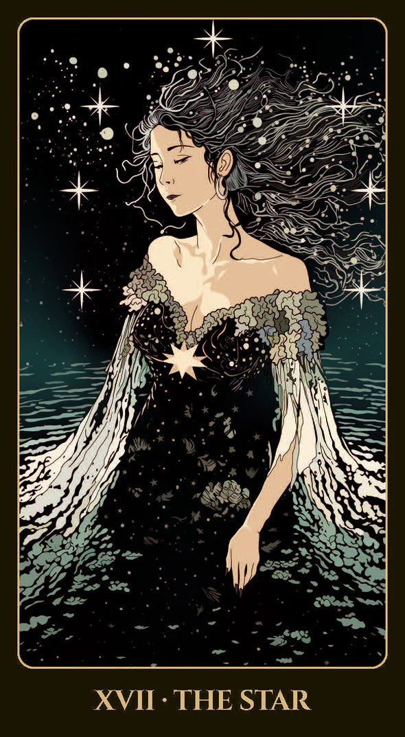 Illustration of a woman with stars in her hair against a night sky, labeled 'XVII - The Star'.