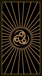Decorative card with a sunburst pattern and central emblem on a black background