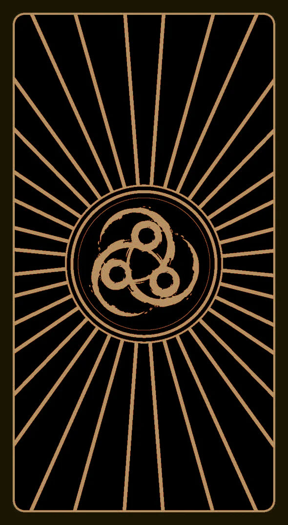 Decorative card with a sunburst pattern and central emblem on a black background