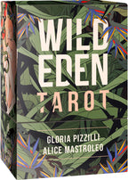 Box of 'Wild Eden Tarot' with leafy design and text by Gloria Pizzilli and Alice Mastroleo.