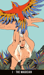 Illustration of a person with a parrot on their shoulder against a tropical background - I The Magician