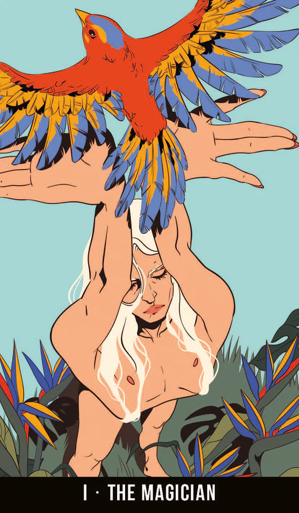Illustration of a person with a parrot on their shoulder against a tropical background - I The Magician