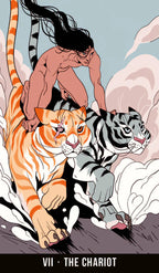 Illustration of a person riding two tigers with astrological text 'VII - The Chariot' at the bottom.