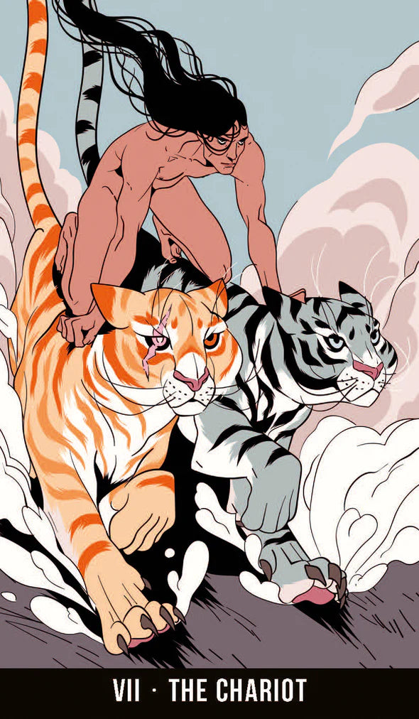 Illustration of a person riding two tigers with astrological text 'VII - The Chariot' at the bottom.