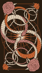 The back side of the Wild Eden tarot features an artistic depiction of intertwined snakes with roses on a dark background