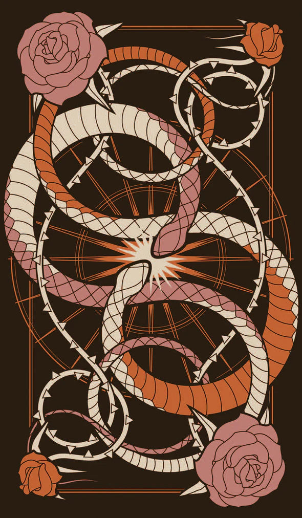 The back side of the Wild Eden tarot features an artistic depiction of intertwined snakes with roses on a dark background