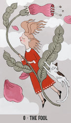 Illustration of a woman in a red dress with a cat, surrounded by leaves and flowers, labeled 'The Fool'.