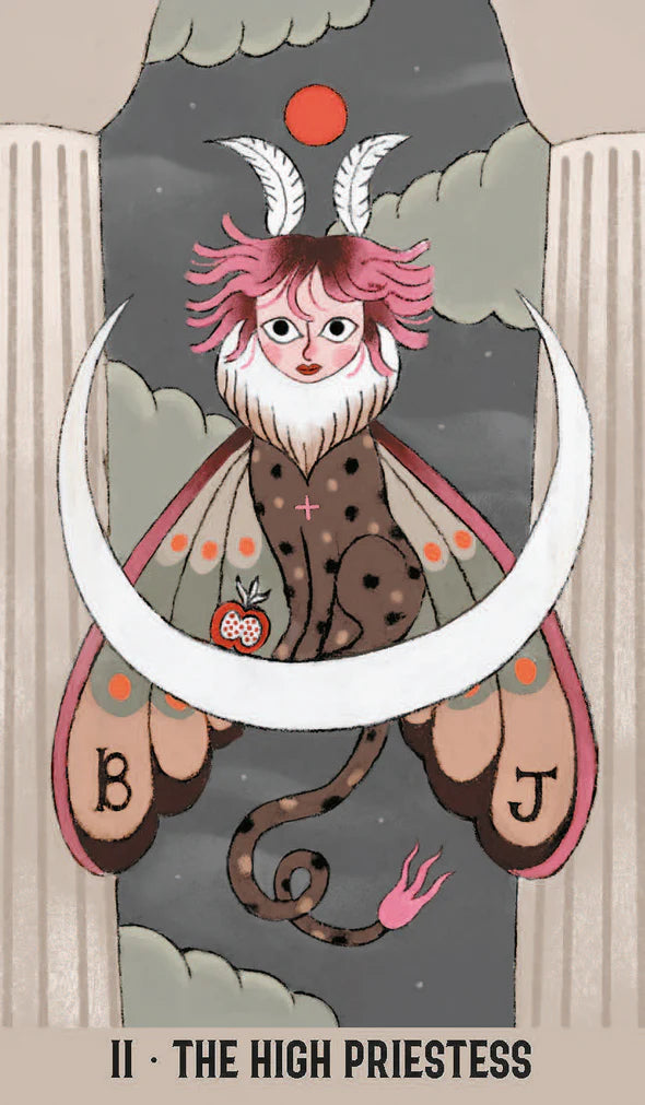 Illustration of 'The High Priestess' from a tarot card series, featuring a figure with pink hair and a snake, set against a dark background.