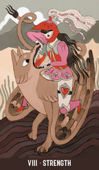 Illustration of a woman riding a dragon. Card VIII 'Strength' from the Wicked Moon Tarot 