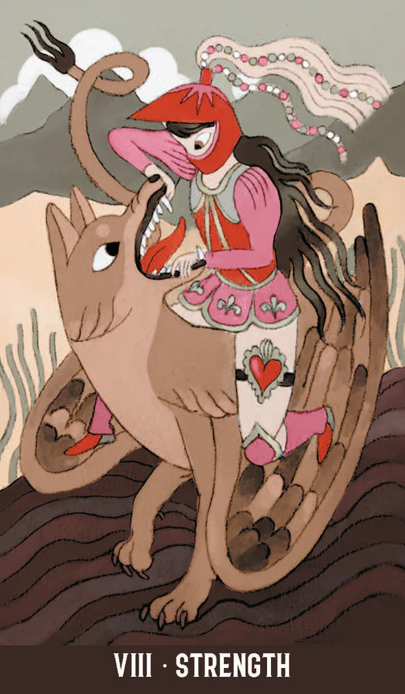 Illustration of a woman riding a dragon. Card VIII 'Strength' from the Wicked Moon Tarot 