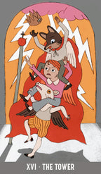 Illustration of 'The Tower' tarot card with a person being thrown into the air by animals.