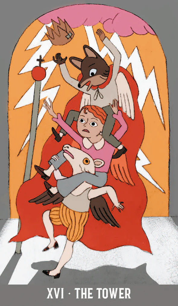 Illustration of 'The Tower' tarot card with a person being thrown into the air by animals.