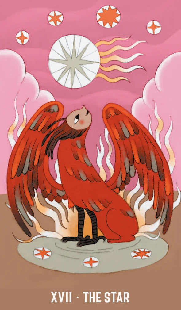 Card XVII | The Star from the Wicked Moon tarot deck featuring a red phoenix-like bird with wings spread against a pink background.