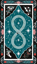 Decorative design with a snake, flowers, and stars on a dark background. This is the back side of the Wicked Moon Tarot.