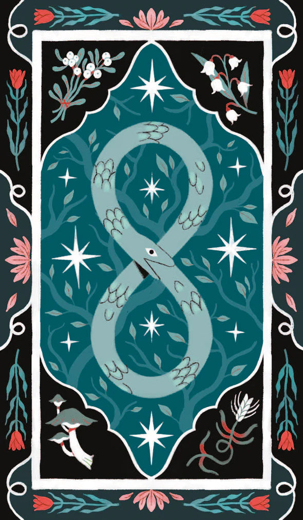 Decorative design with a snake, flowers, and stars on a dark background. This is the back side of the Wicked Moon Tarot.