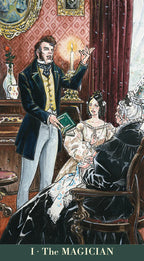 Illustration of a man in a suit performing a magic trick with a woman and a child in an ornate room.