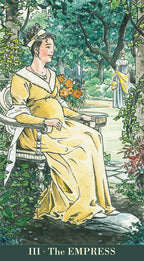 Woman in a yellow dress sitting in a garden, with 'The Empress' from a tarot card series.