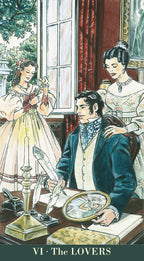 Illustration of a man and two women in a classical setting, with text 'VI The Lovers'.