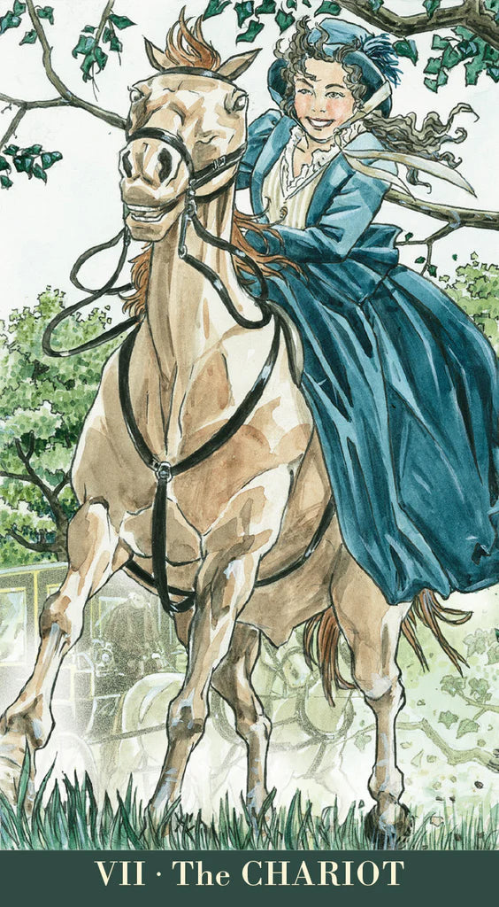 Illustration of a woman riding a horse with a scenic background