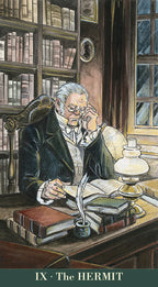 Illustration of a man in a study with books and a lamp, labeled 'IX · The Hermit'.