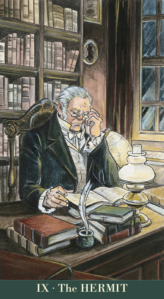 Illustration of a man in a study with books and a lamp, labeled 'IX · The Hermit'.