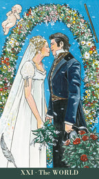 Illustration of a couple in wedding attire under a floral arch with 'The World' card text.