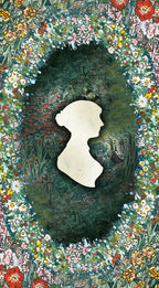 Silhouette of a woman surrounded by floral and nature-themed elements
