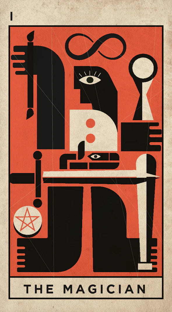 A stylized tarot card design for 'The Magician' featuring abstract black, red-orange, and cream geometric shapes on a textured beige background, with the title 'THE MAGICIAN' at the bottom.