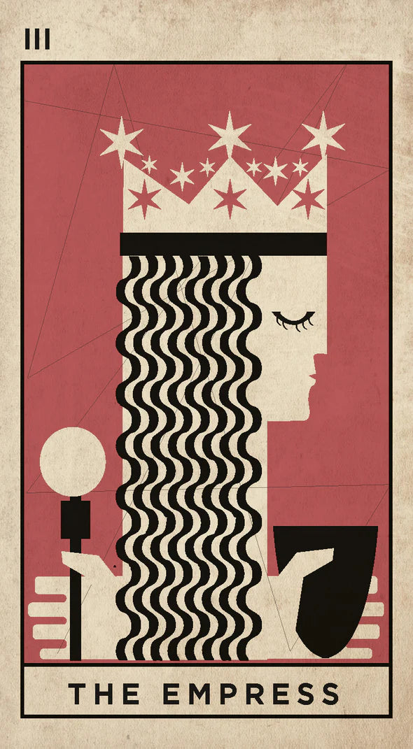 A stylized tarot card illustration of The Empress, featuring a profile face with closed eyes, a crown with stars, wavy black hair, and a red background on a beige card border.