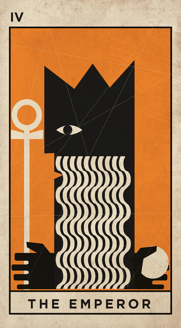 A stylized tarot card design titled 'THE EMPEROR' with Roman numeral 'IV' in the top left. The card features a black crowned figure with a wavy beard, a white key, and a white orb on an orange background, all within a beige border.