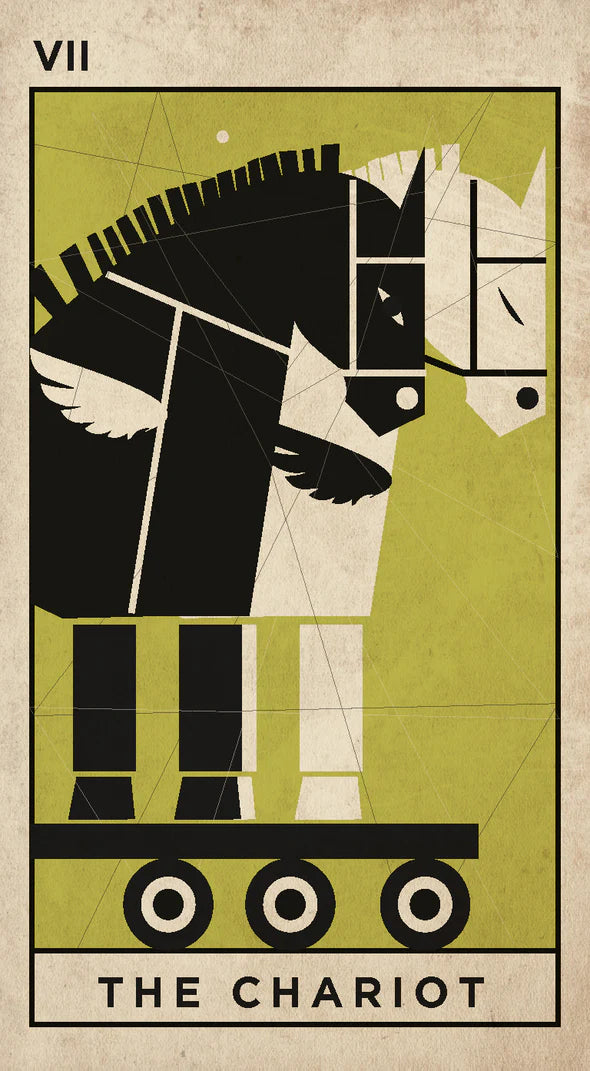 A stylized tarot card design featuring the Seven of Chariot, with a geometric horse-and-chariot illustration in black, cream, and olive green on a parchment-like background. The text 'VII' appears at the top left and 'THE CHARIOT' at the bottom.