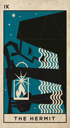 A stylized tarot card design reading 'THE HERMIT' with the Roman numeral IX at top left. The artwork shows a dark hermit figure holding a lantern with a flame, set against a teal night sky with stars and cream wavy lines resembling sand or water.