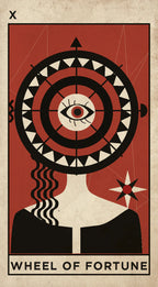 A stylized tarot card design labeled 'WHEEL OF FORTUNE' with a red, black, and cream illustration of a human head replaced by a circular wheel motif, on a parchment-like background.