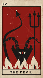 A stylized tarot card design titled 'THE DEVIL' with the Roman numeral XV at top left. The card shows a black horned demon figure with a single visible eye, a trident, and flames against a deep red background, with a beige parchment-like border and text box.