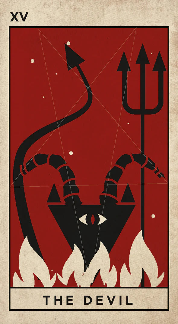 A stylized tarot card design titled 'THE DEVIL' with the Roman numeral XV at top left. The card shows a black horned demon figure with a single visible eye, a trident, and flames against a deep red background, with a beige parchment-like border and text box.