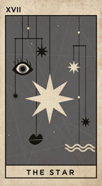 The Star tarot card design with the Roman numeral XVII at the top and 'THE STAR' at the bottom, featuring a dark gray background with cream and black celestial illustrations including a large central star, an eye motif, stars, and wavy lines.