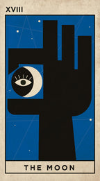 A stylized tarot card design reading 'XVIII' at top and 'THE MOON' at bottom, featuring a large black hand silhouette over a blue starry background with a crescent moon and eye motif.